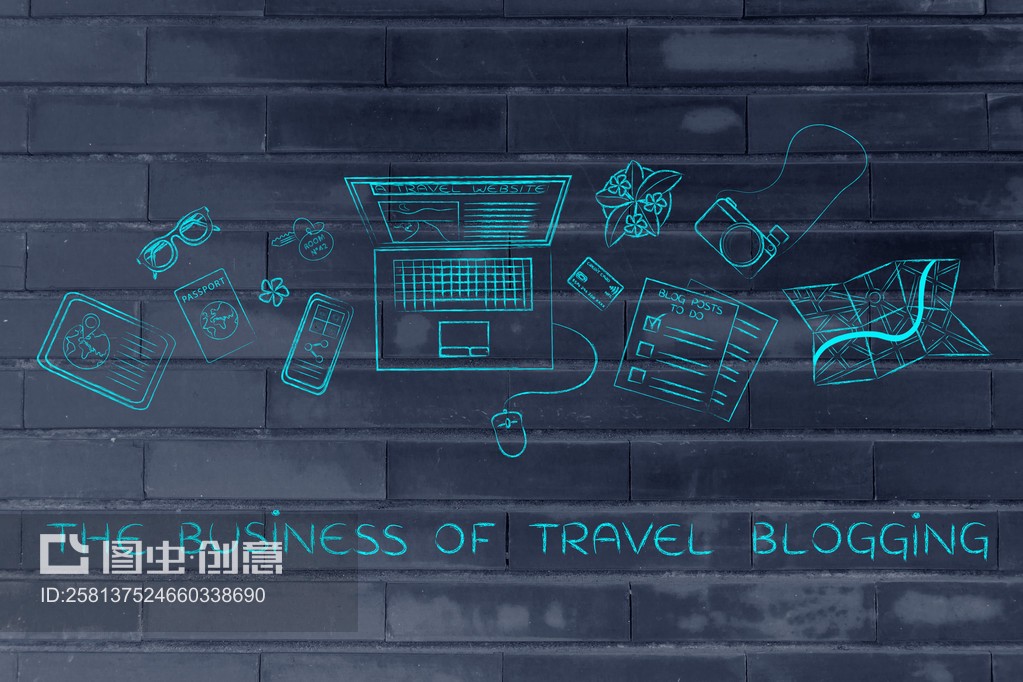 旅行博客这个业务的概念。concept of the business of travel blogging